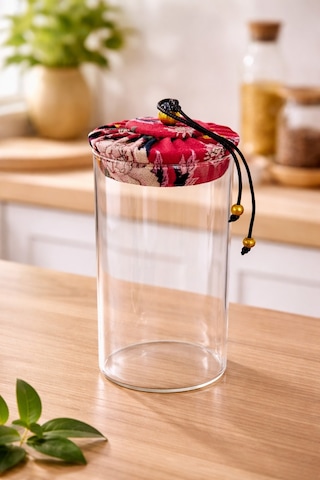 Makri Home 800 Ml Borosilikat Cam Hava Geçirmez Kırmızı Kumaş Kaplama Bambu Kapaklı Kavanoz, Çap:8 Cm, H: 21 Cm Kırmızı