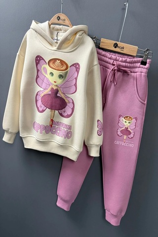 Koçak Kids 3 İplik Ballerina Cappucino Desenli Kız Çocuk Eşofman Takım Pembe