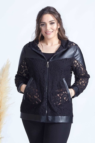 4031 SİYAH FERMUARLI DERİLİ KOMBİN DANTEL BÜYÜK BEDEN CEKET Siyah