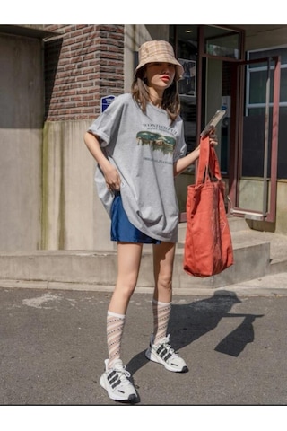 Kadin Gri Oversize Wonderful Baskılı T-shirt Gri-67865