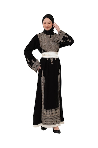 Zaytoon Filistin Nakışlı Modern Siyah Kaftan Elbise - Geleneksel Şıklık Gold