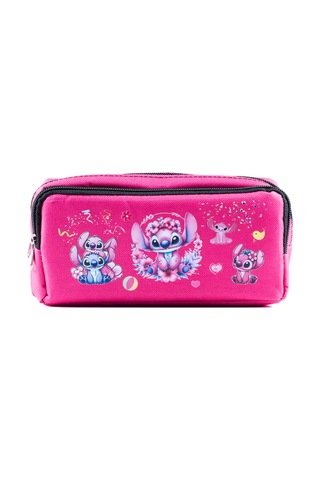 Stitch Ve Angel Tarzı Sevimli Karakter Baskılı İki Bölmeli Geniş Hacimli Pembe Okul Kalemliği Kutusu Pembe