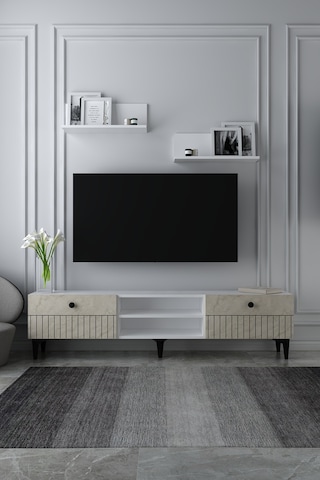 180dhdtrür7bt İlay Lazer Desenli Raflı Tv Sehpası Ünitesi Beyaz-traverten
