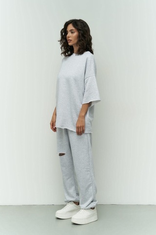 Mai Collection Mai Studios Co. Lion Karmelanj Oversize T-shirt Yırtıklı Eşofman Takım Gri