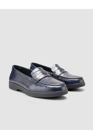 %100 Hakiki Deri Lacivert Croco Desen Kadın Loafer Lacivert