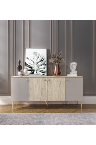 Traverten Çok Amaçlı Modern Konsol, 4 Kapaklı 160cm Mermer Desenli Konsol - Tamamı Mdf Traverten - Kumtaşı
