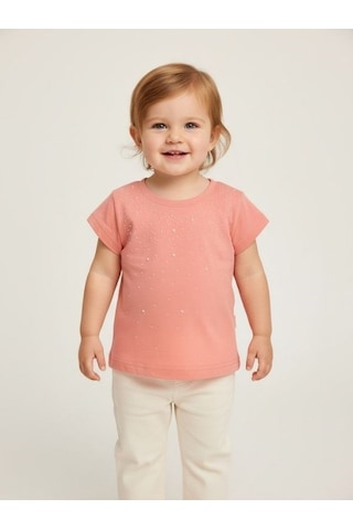 Zekids Kız Bebek İnci Detaylı Kısa Kollu T-shirt-16934 Pembe
