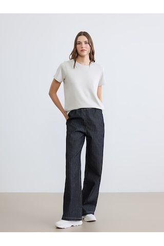 Lcw Eco Siyah Beli Lastikli Çizgili Wideleg Kadın Jean Pantolon
