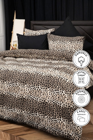 Leopar Desenli Lastikli Çarşaflı Çift Kişilik Nevresim Takımı Antrasit
