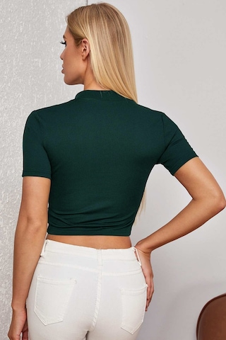 Modi Kadın Yeşil Yarım Fermuarlı Ve Kısa Kollu Crop Top Bluz