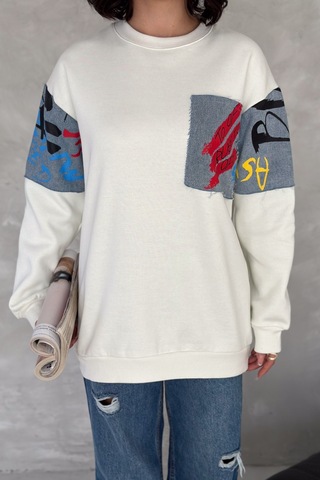Femelle Kadın Beyaz Kot Detaylı İçi Pamuklu Sweatshirt - S76