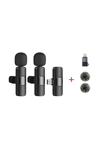 Kablosuz Tüylü Siyah Yaka Mikrofonu Type-c Ve İos Uyumlu Bluetooth 5.0 2 Li Set Siyah Siyah