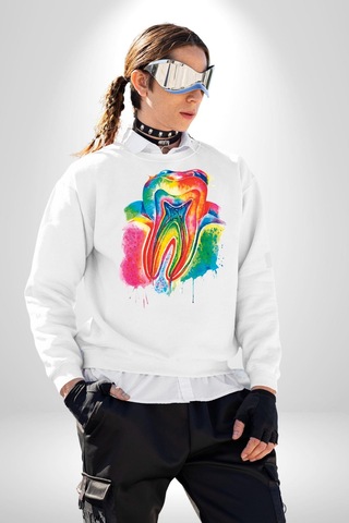 Diş Doktoru Diş Anatomisi Özel Tasarım Unisex Beyaz Sweatshirt Beyaz