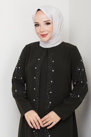 Eslemnur Büyük Beden Tam Boy Pelerinli Anne Elbisesi Haki