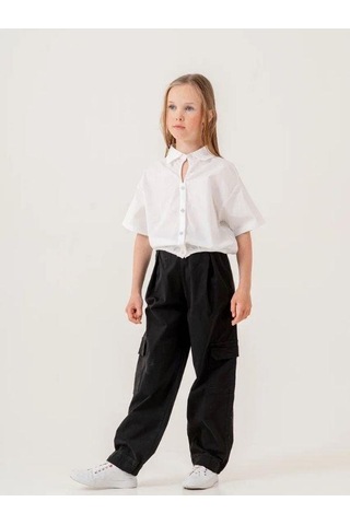 Kız Çocuk Bel Lastikli Taşlı Düğmeli Crop Gömlek-15501 Beyaz