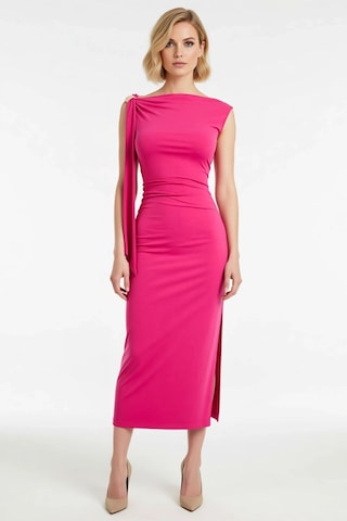 Benerly Kadın Maxi Bodycon Asimetrik Yaka Tek Uzun Kol Detaylı Örme Esnek Fuşya