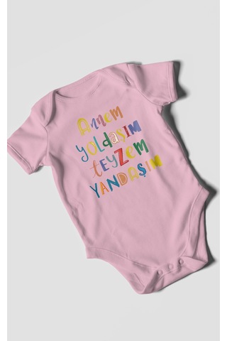 Annem Yoldaşım Teyzem Yandaşım Baskılı Bebek Zıbını Çıtçıtlı Body %100 Pamuk Kısa Kol Koyu Pembe