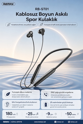 Remax RB-ST01 Bluetooth 6.0 Boyun Bantlı Kulak İçi Spor Kulaklık