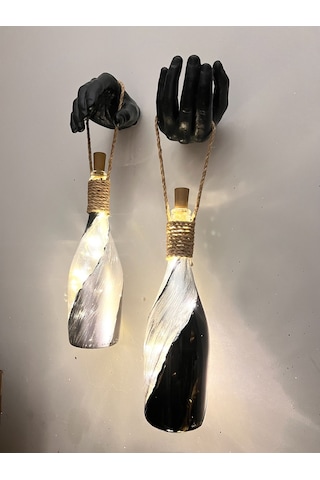 El Figürlü Duvar Lambası Pilli Led Işıklı Dekoratif Şişe Aydınlatma Rustik & Vintage El Yapımı D Gümüş - Siyah