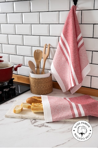 45x65 2'li Kurulama Bezi, %100 Pamuk Yüksek Su Emici Kırmızı