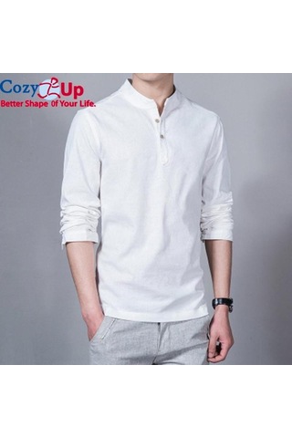 Rahat Up Polo Gömlek Erkekler Moda Uzun Kollu Mandarin Yaka Gömlek Erkek Rahat Keten Gömlek Adam Artı Beyaz Mavi