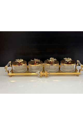 Bella Kelebek Kapaklı Kulplu 4 Bölmeli Sunumluk Çerezlik Kahvaltılık Reçellik