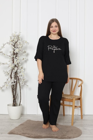 Fames Pijama Fitilli Kaşkorse Pamuklu Ispanyol Paça Yeni Sezon Büyük Beden Ev Giyim Siyah