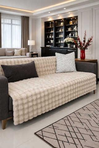 Peluş Koltuk Örtüsü 175x215 Cm Bubble Kaymaz Kanepe Örtüsü, Çekyat Örtüsü Krem