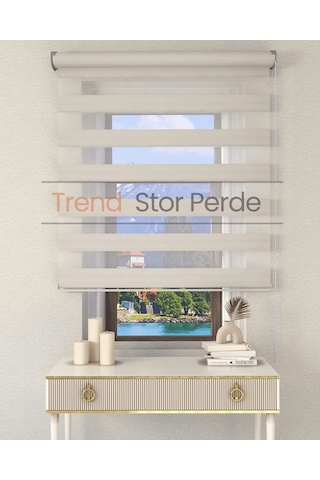 Geniş Plise Beyaz Etek Dilimsiz Zebra Stor Güneşlik Perde Ekru