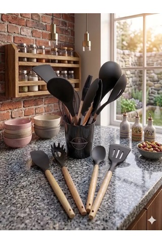 12 Parça Bambu Saplı Silikon Mutfak Gereçleri Seti - Siyah Mutfak Servis Seti Belirtilmemiş