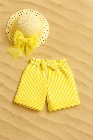 Esila Kids Kız Çocuk Hasır Şapka Ve Şort Takımı Yazlık Şık Kombin 2-6 Yaş Sarı