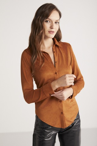 Ethıquet Peyton Kadın Slim Fit Dar Kesim Suni Süet Klasik Örme Taba Gömlek