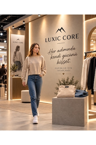 Luxıc Core Kadın Crop Bisiklet Yaka Sweatshirt Pamuklu Yumuşak Dokulu Günlük Spor Sweatshirt Krem