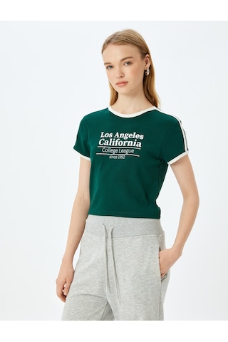 Koton Slogan Baskılı Bisiklet Yaka Kısa Kollu Biyeli Slim Fit Tişört Yeşil 5sal10129ık Yeşil
