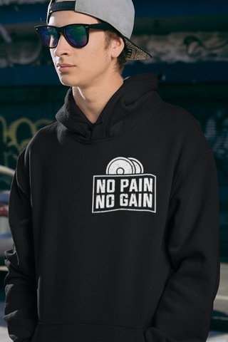 Sevbano No Pain No Gain Baskılı Unisex Oversize Fitness Gym Hoodie Siyah