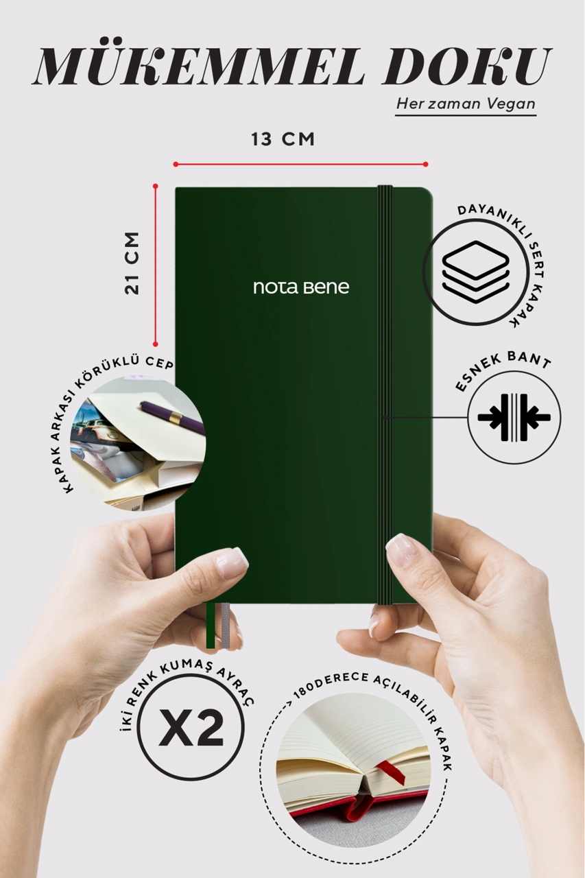 Nota Bene Classic Sert Kapak Defter, 13x21 Cm, Çizgili Yeşil