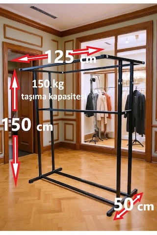 Premium 150 Cm Çelik Konfeksiyon En 125 Cm Elbise Askılık Tekerlekli Demonte Portmanto Hanger Siyah