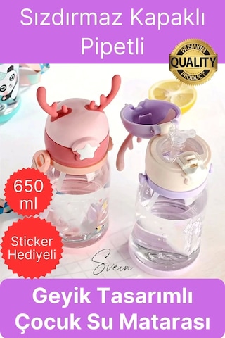 Özel Geyikli Tasarım Pipetli Sızdırmaz Kapaklı Gıdaya Uygun Çocuk Su Matarası Askılı Suluk 650 Ml Çok Renkli
