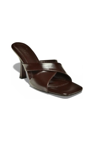 Fox Shoes P590033060 Kahverengi Rustik Çapraz Bantlı Kalın Topuklu Kadın Terlik Kahverengi