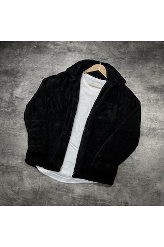Unisex Siyah Düğme Detaylı Cepli Peluş Ceket Siyah