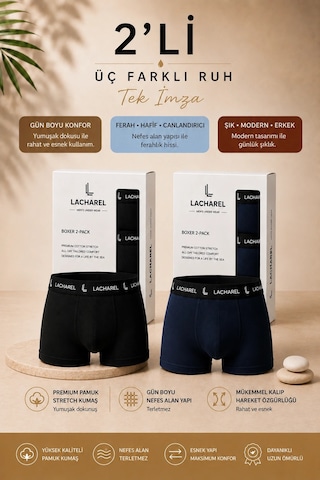 Ertaş Trend Store Erkek Likralı Pamuklu Nefes Alan Penye Boxer 2'li Paket - Siyah & Lacivert Çoklu Renk
