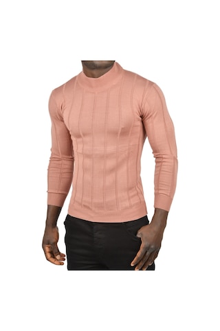 Deepsea Erkek Gülkurusu Slim Fit Likralı Tüylenme Yapmayan Yarım Balıkçı Çizgili Triko Yarım Boğazlı Kazak 2505503 Gülkurusu