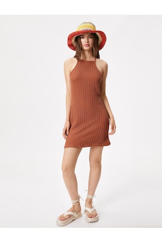 Koton Mini Triko Elbise Bodycon Kolsuz Halter Yaka Dar Kesim Kahverengi 3sal80197ık 3SAL80197IK519