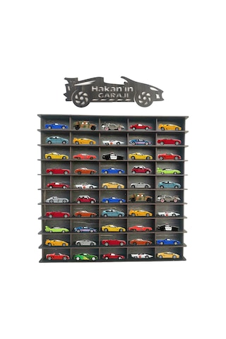 50 Araçlık Eskitme Siyah Ahşap Hobi Araba Rafı Kişiye Özel İsiml