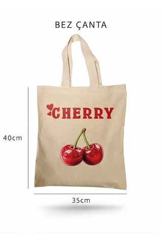 Lunora Collection Cherry Kiraz Baskılı Bez Çanta.. Açık Krem