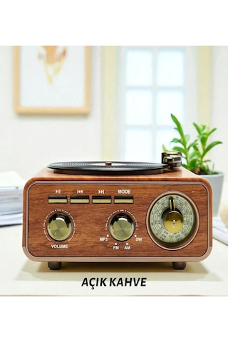 Nostaljik Tasarım Plak Çalar Görünümlü Radyolu Bluetooth Hoparlör Retro Müzik Plak