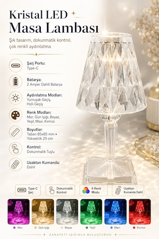 Rgb Led Dekoratif Ambiyans Masa Gece Lambası Uzaktan Kumandalı Şarjlı Dokunmatik Abajur Kristal Beyaz