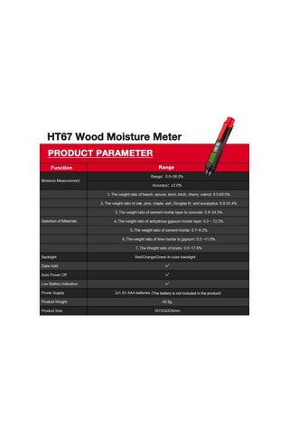 Springsun Habotest Ht67 Profesyonel 2 İğneli Dijital Taşınabilir Nem Ölçer %0-58
