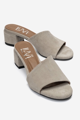 Luvi Shoes Delavıe Bej Süet Hakiki Deri Kadın Kalın Topuklu Terlik