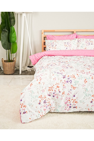 Alice Pamuklu Çift Kişilik Çiçekli Nevresim Seti Lastikli Çarşaflı 200x220 Cm Pembe